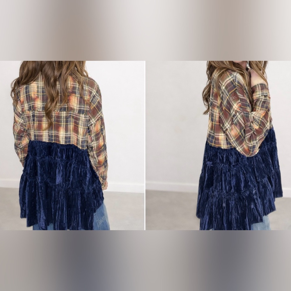 Oli & Hali Plaid and Velvet Blouse - Brown and Blue - Picture 2 of 2